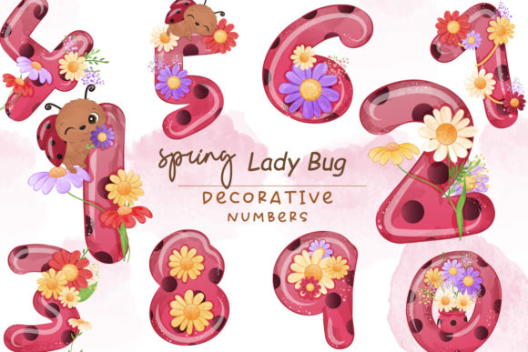 Lady Bug and Daisy, Decorative Numbers: Spring's Playful Design Asset